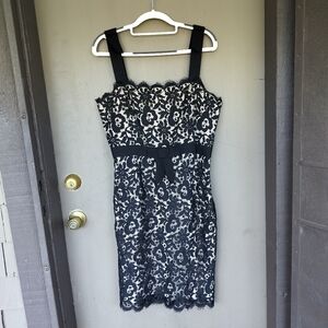 Milly Black and Nude Lace Sleeveless Mini Dress Scalloped Hem‎ and Bow Detail